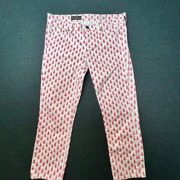 J. Crew Women Cropped Matchstick Pants, Sz 29 White w/ Pink Tulip Novelty Print - Picture 2 of 9